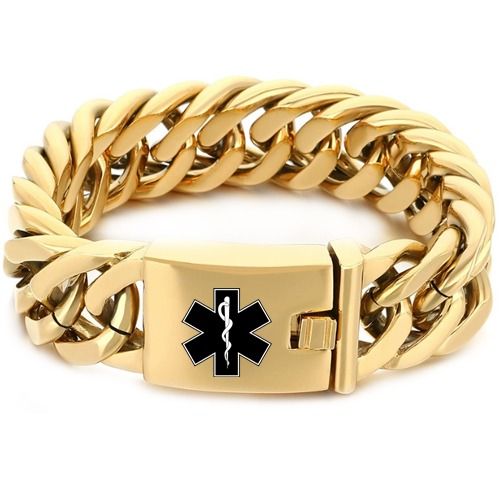 ***COI Titanium Black/Gold Tone/Silver Medical Alert Bracelet With Steel Clasp(Length: 9.06 inches)-01613BB