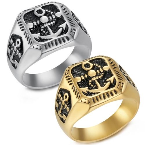 ***COI Titanium Black Gold Tone/Silver Anchor Ring-01615BB