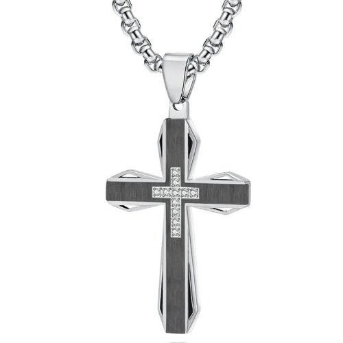 ***COI Titanium Black Silver/Gold Tone Silver/Black Blue Cross Pendant With Cubic Zirconia-01625BB