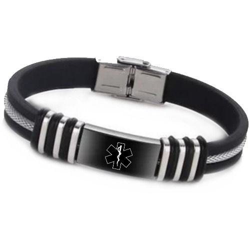 ***COI Titanium Black/Gold Tone/Silver Medical Alert Rubber Bracelet With Steel Clasp(Length: 8.27 inches)-01629BB