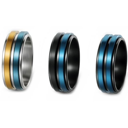 ***COI Titanium Silver Gold Tone Blue/Black Blue Rotating Ring-01634BB