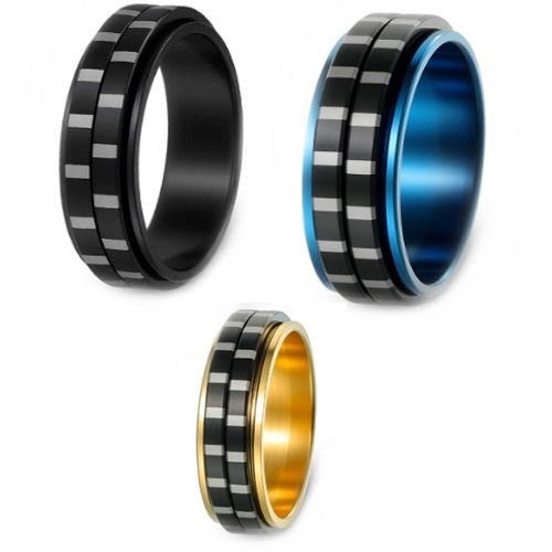 ***COI Titanium Black Silver/Black Blue Silver/Black Gold Tone Silver Checkered Flag Step Edges Rotating Ring-01635BB