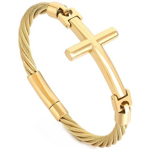 ***COI Titanium Black/Gold Tone/Silver Cross & Wire Bracelet With Steel Clasp(Length: 8.66 inches)-01645BB