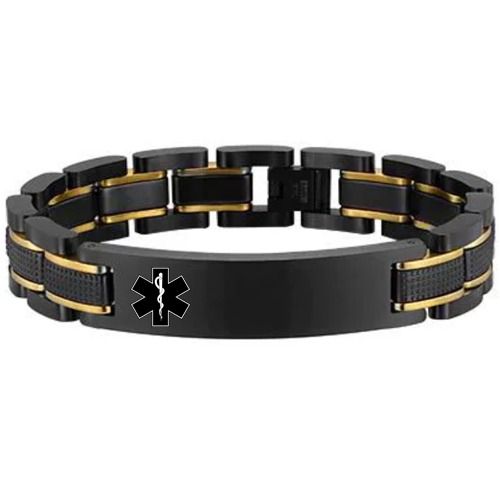 ***COI Titanium Black Gold Tone Medical Alert Bracelet With Steel Clasp(Length: 8.66 inches)-01647BB