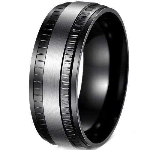 ***COI Titanium Black Silver Tire Tread Step Edges Ring-01652BB