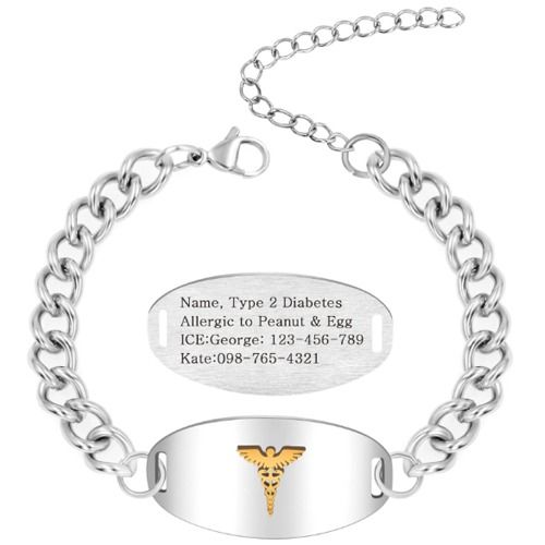 ***COI Titanium Black Silver/Gold Tone Medical Alert Custom Engraving Bracelet With Steel Clasp(Length: 8.27 inches)-01664BB