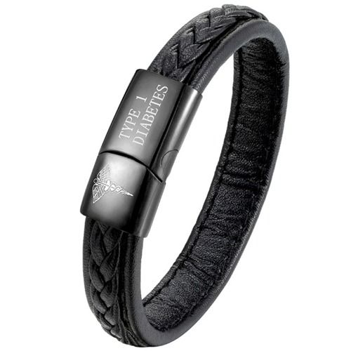 ***COI Black Titanium Medical Alert Custom Engraving Genuine Leather Bracelet With Steel Clasp(Length: 8.27 inches)-01667BB
