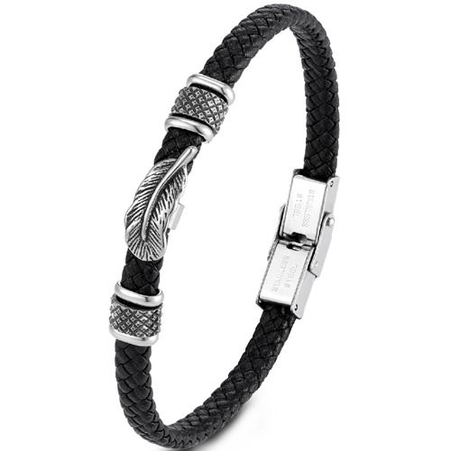 ***COI Titanium Black Silver Feather Genuine Leather Bracelet With Steel Clasp(Length: 8.85 inches)-01680BB