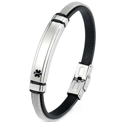 ***COI Titanium Black Silver Medical Alert Genuine Leather Bracelet With Steel Clasp(Length: 8.66 inches)-01681BB