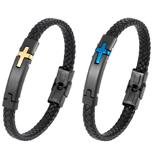 ***COI Titanium Black Blue/Gold Tone Genuine Leather Bracelet With Steel Clasp(Length: 8.85 inches)-01682BB