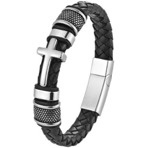 ***COI Titanium Black/Black Silver Cross Genuine Leather Bracelet With Steel Clasp(Length: 8.27 inches)-01685BB