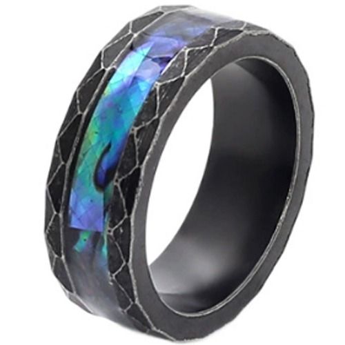 ***COI Titanium Black/Silver Faceted Ring With Abalone Shell-01688BB