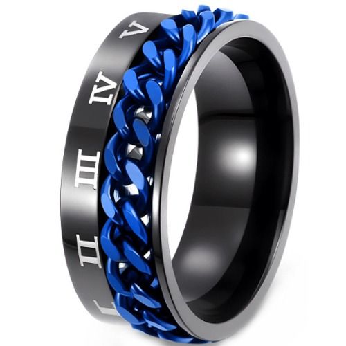 ***COI Titanium Black Blue Roman Numerals Keychain Ring-01690BB
