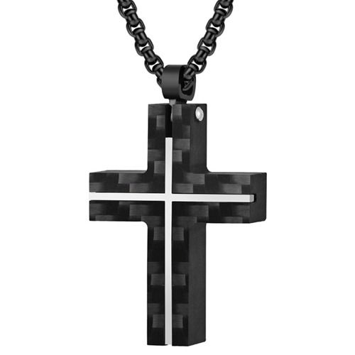 ***COI Titanium Black Rose/Silver Cross Pendant With Carbon Fiber-01698BB