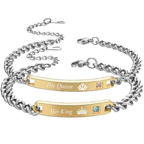 ***COI Titanium Gold Tone Silver King Queen Crown Cubic Zirconia Bracelet With Steel Clasp(Length: 8.66 inches)-01701BB