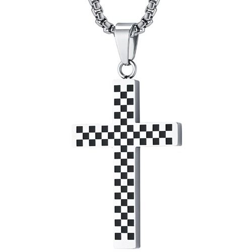 ***COI Titanium Black/Silver Checkered Flag Cross Pendant-01717BB