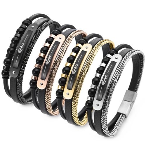 ***COI Titanium Black/Gold Tone/Rose/Silver Anchor Genuine Leather Bracelet With Steel Clasp(Length: 8.27 inches)-01719BB