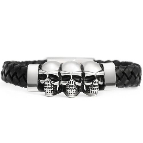 ***COI Titanium Black Silver Skull Genuine Leather Bracelet With Steel Clasp(Length: 8.27 inches)-01722BB