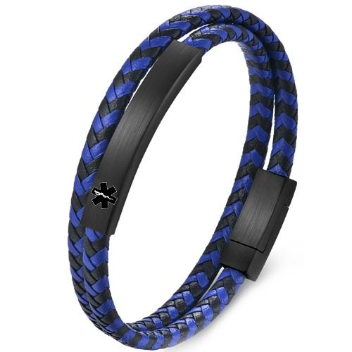 ***COI Black Titanium Medical Alert Genuine Leather Bracelet With Steel Clasp(Length: 8.27 inches)-01724BB