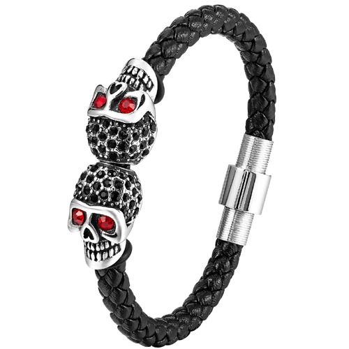 ***COI Titanium Black Silver Skull Cubic Zirconia Genuine Leather Bracelet With Steel Clasp(Length: 8.27 inches)-01725BB