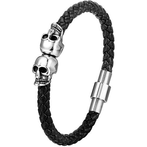 ***COI Titanium Black/Gold Tone/Silver Skull Genuine Leather Bracelet With Steel Clasp(Length: 8.27 inches)-01726BB