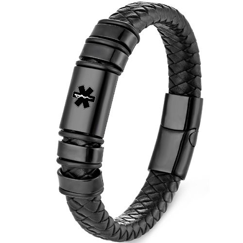 ***COI Black Titanium Medical Alert Genuine Leather Bracelet With Steel Clasp(Length: 8.27 inches)-01727BB