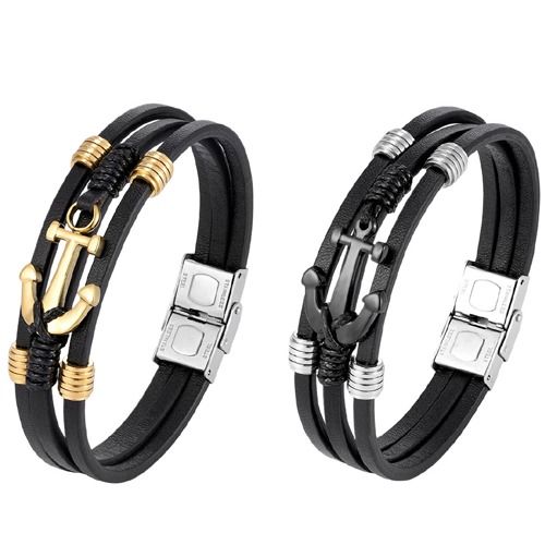 ***COI Titanium Gold Tone/Black Anchor Genuine Leather Bracelet With Steel Clasp(Length: 8.66 inches)-01734BB