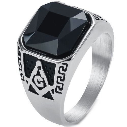 ***COI Titanium Black Gold Tone/Silver Masonic Freemason Ring With Black Onyx-01738BB