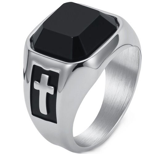 ***COI Titanium Black Gold Tone/Silver Cross Ring With Black Onyx-01739BB