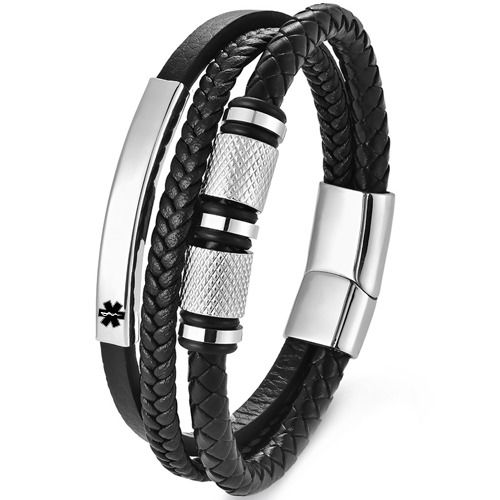 ***COI Titanium Black/Gold Tone/Silver Medical Alert Genuine Leather Bracelet With Steel Clasp(Length: 9.06 inches)-01742BB