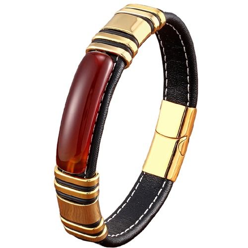 ***COI Gold Tone Titanium Tiger Eye Genuine Leather Bracelet With Steel Clasp(Length: 8.27 inches)-01749BB