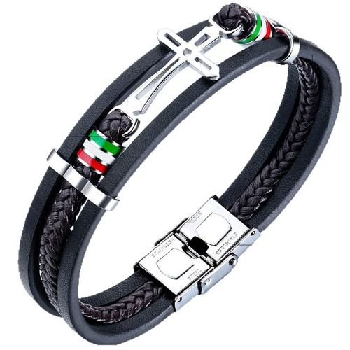 ***COI Titanium Cross Genuine Leather Bracelet With Steel Clasp(Length: 8.27 inches)-01758BB