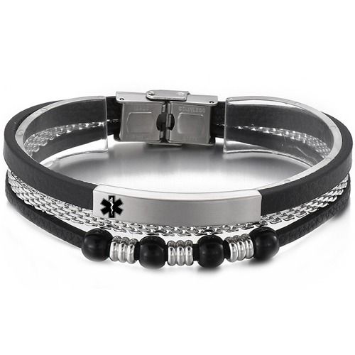 ***COI Titanium Black/Silver Medical Alert Genuine Leather Bracelet With Steel Clasp(Length: 8.27 inches)-01762BB