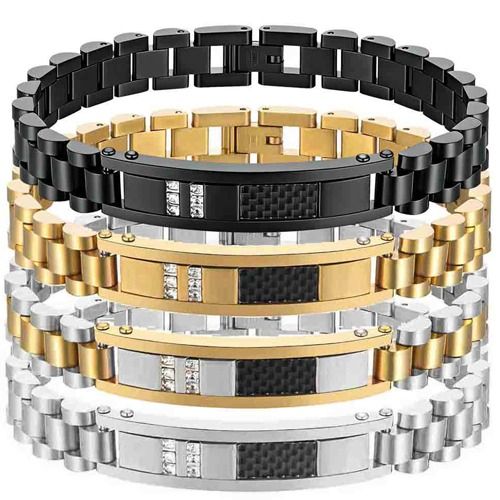 ***COI Titanium Black/Gold Tone/Silver Carbon Fiber Cubic Zirconia Bracelet With Steel Clasp(Length: 8.27 inches)-01765BB