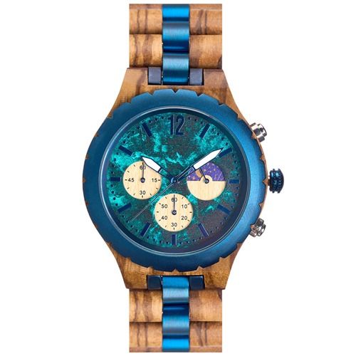 COI Blue Titanium Koa Wood Chronograph Watch With Steel Clasp(Length: 8.50 inches)-01773BB