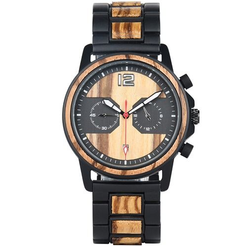 COI Black Titanium Koa Wood Two Counters Watch With Steel Clasp(Length: 8.50 inches)-01777BB