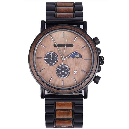 COI Black Titanium Koa Wood Two Counters Watch With Steel Clasp(Length: 8.50 inches)-01778BB