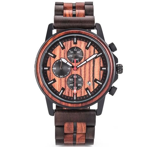 COI Black Titanium Koa Wood Chronograph Watch With Steel Clasp(Length: 8.07 inches)-01780BB