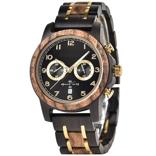 COI Titanium Black Gold Tone Koa Wood Two Counters Watch With Steel Clasp(Length: 7.09 inches)-01787BB
