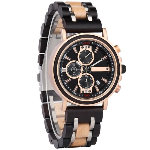COI Titanium Black Rose Koa Wood Chronograph Watch With Steel Clasp(Length: 8.07 inches)-01791BB