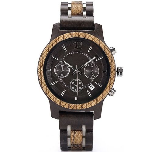 COI Titanium Black Silver Koa Wood Chronograph Watch With Steel Clasp(Length: 8.07 inches)-01794BB