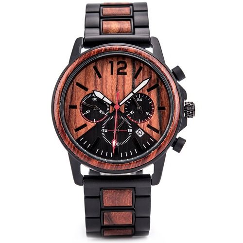 COI Black Titanium Koa Wood Chronograph Watch With Steel Clasp(Length: 8.07 inches)-01795BB