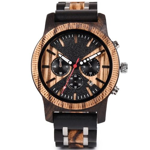 COI Titanium Black Silver Koa Wood Chronograph Watch With Steel Clasp(Length: 8.07 inches)-01797BB