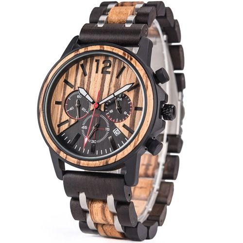 COI Black Titanium Koa Wood Chronograph Watch With Steel Clasp(Length: 8.07 inches)-01801BB