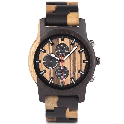 COI Black Titanium Koa Wood Chronograph Watch With Steel Clasp(Length: 8.66 inches)-01803BB