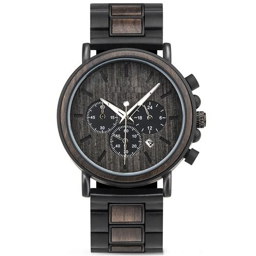 COI Black Titanium Koa Wood Chronograph Watch With Steel Clasp(Length: 8.50 inches)-01815BB