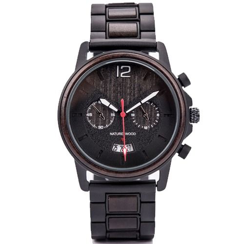 COI Black Titanium Koa Wood Two Counters Watch With Steel Clasp(Length: 8.07 inches)-01843BB