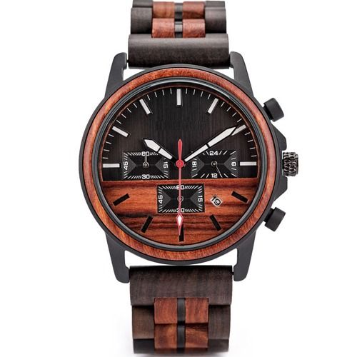 COI Black Titanium Koa Wood Chronograph Watch With Steel Clasp(Length: 8.07 inches)-01846BB