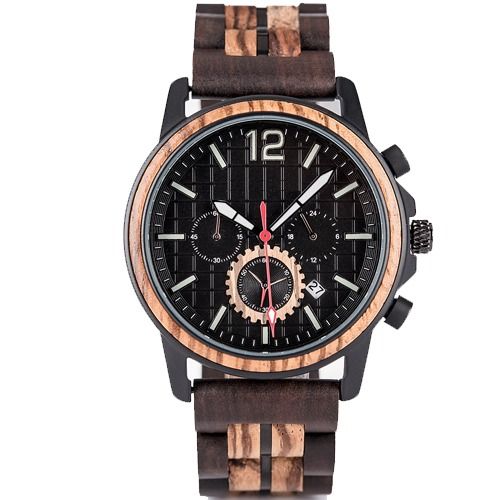 COI Black Titanium Koa Wood Chronograph Watch With Steel Clasp(Length: 8.07 inches)-01853BB