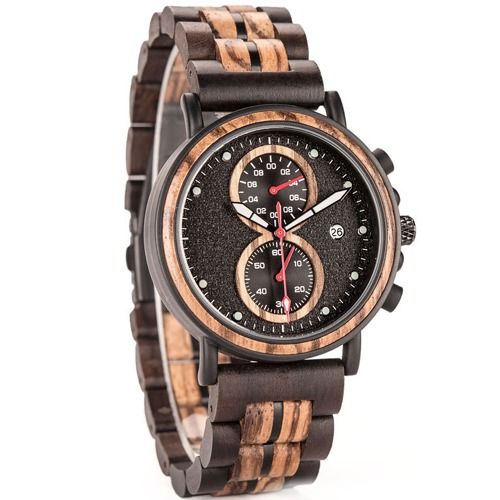 COI Black Titanium Koa Wood Two Counters Watch With Steel Clasp(Length: 8.07 inches)-01858BB